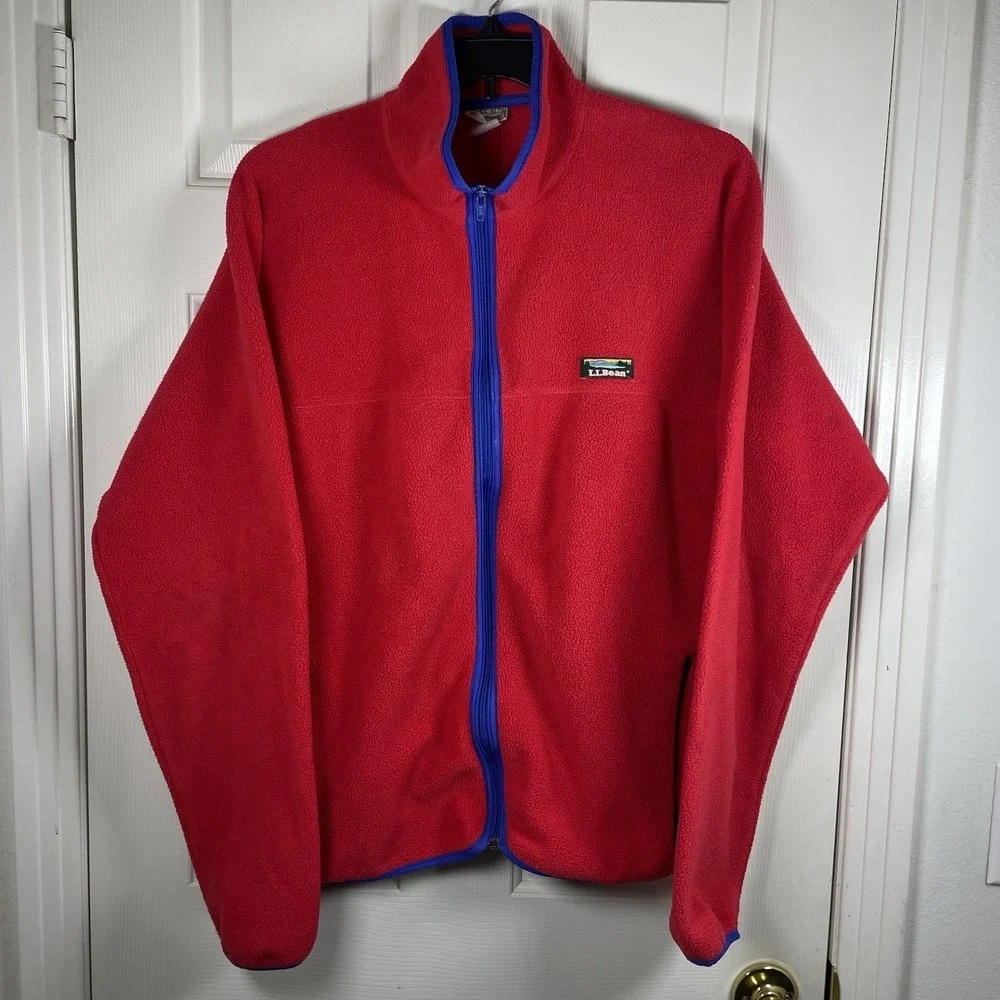 LL Bean Full Zip Fleece Jacket  Men Large Tall Red USA Pocket Retro Hike Outdoor